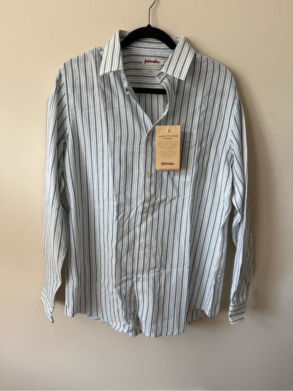 NWT fabindia Men’s Blue White Striped 100% Cotton Slim Fit Shirt M